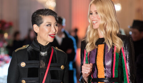 MUNICH, GERMANY - NOVEMBER 17: Sung-Joo Kim (L), Chairwoman and CVO of MCM and model Claudia Schiffer attend the MCM 40th Anniversary event on November 17, 2016 in Munich, Germany. (Photo by Lennart Preiss/Getty Images for MCM)