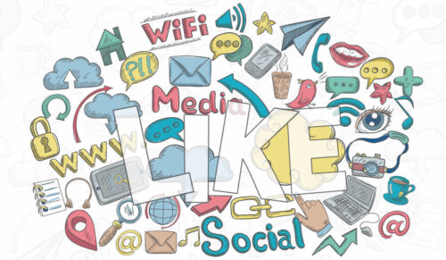 Social media concept with doodle decorative icons and like lettering  illustration