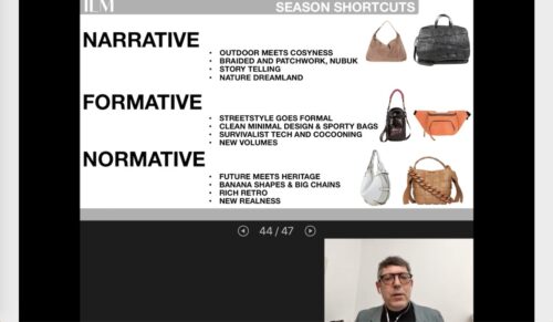 In einem rund 20minütigen Vortrag stellt Trendforscher Martin Wuttke die Taschentrends für H/W 21/22 vor. (Foto: Screenshot)