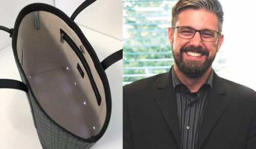 ISC-Geschäftsführer Ronny Weiss präsentiert auf der ILM eine von innen beleuchtete Handtasche. (Foto: ISC)