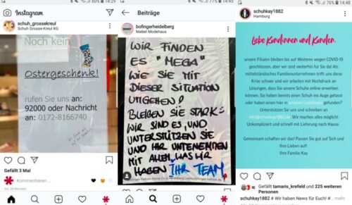 Unterstützung und kreative Ideen dominieren die Online-Auftritte der Schuhhändler. (Foto: Schuh Grosse-Kreul, Bofinger, Schuhkay1882 / Instagram)