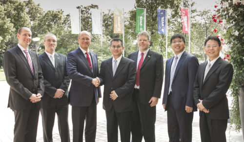 The picture shows from left to right: Arnaud Meissonnier (ZFM, Mergers & Acquisitions Asia Pacific), Thomas Bernhardt (Vice President Strategy, Performance Materials, BASF), Raimar Jahn (President, Performance Materials, BASF), Jason Chou (Managing Director, Taiwan Sheen Soon), Jens Dierssen (Business Management Consumer, Performance Materials Europe, BASF), Houchih Kuo (Senior Counsel to Taiwan Sheen Soon (Pontis Law)), Vincent Wang (Senior Manager, Taiwan Sheen Soon).