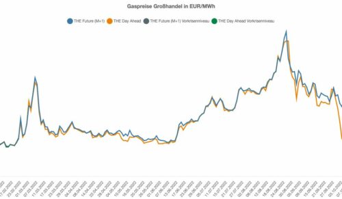 Gas wird am Großhandelsmarkt sowohl langfristig (Terminhandel) als auch kurzfristig (Spotmarkt) gehandelt. Das Diagramm bildet die tägliche Entwicklung der Großhandelspreise für den Folgetag (Day-Ahead) sowie für den kommenden Monat (Future M+1) ab. Dargestellt sind die Preise für das deutsche Marktgebiet THE (Grafik: Bundesnetzagentur)